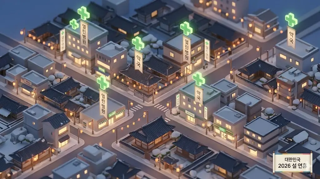 2026년 설 연휴 전국 문 여는 병원 및 휴일 지킴이 약국 위치 찾기 지도 일러스트