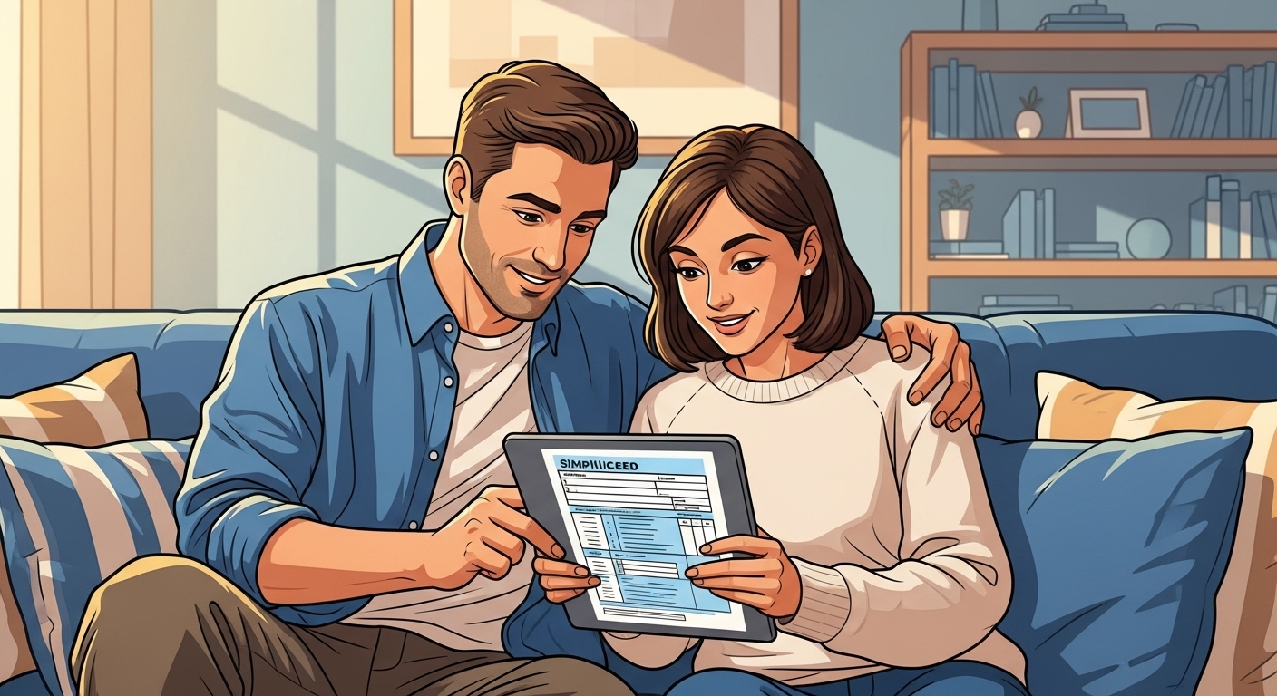 부부가 소파에 앉아 태블릿으로 연말정산 서류를 함께 확인하며 대화하는 모습