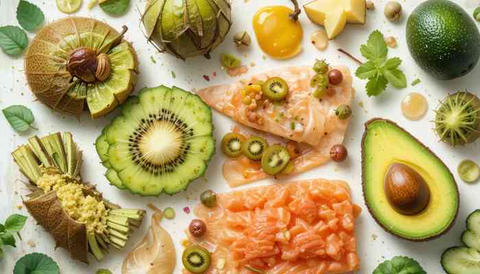 피부 노화 방지 식품 일러스트 (키위, 연어, 아보카도 등)