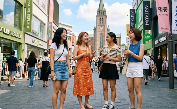 명동 성당 인근 대로에서 즐거운 시간을 보내는 사람들