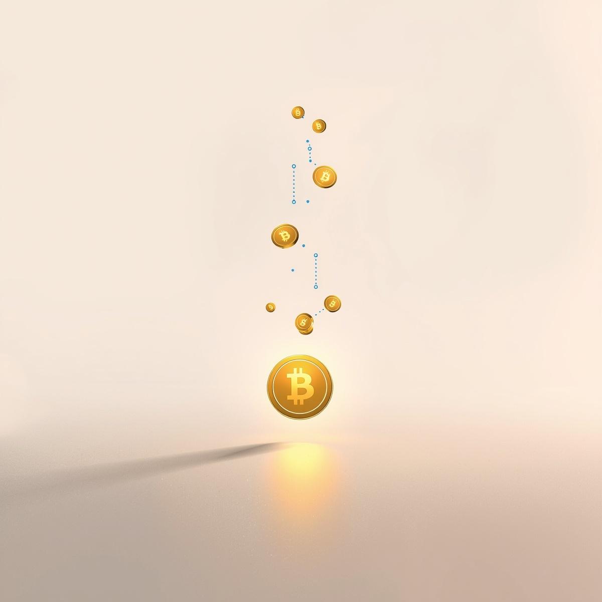 밝고 깨끗한 배경 위로 다양한 크기의 비트코인 동전들이 위에서 아래로 떨어지며 하나로 연결되는 모습. 가장 하단에는 커다랗고 빛나는 비트코인이 중심을 잡고 있음. 디지털 자산의 분할 가능성과 소액 적립식 투자를 통한 자산 형성 과정을 상징적으로 표현한 이미지.