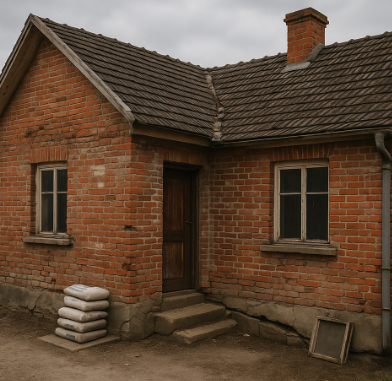 낡은 붉은 벽돌집 외벽이 갈라지고 시멘트 포대가 놓여 있는 시골 주택, 보수가 필요한 상태를 보여주는 장면.