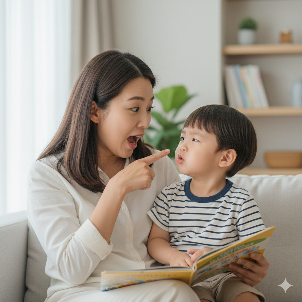 엄마가 아이와 눈을 맞추며 과장된 표정으로 입 모양을 보여주고, 아이가 그것을 따라 하려 애쓰는 사랑스러운 모습