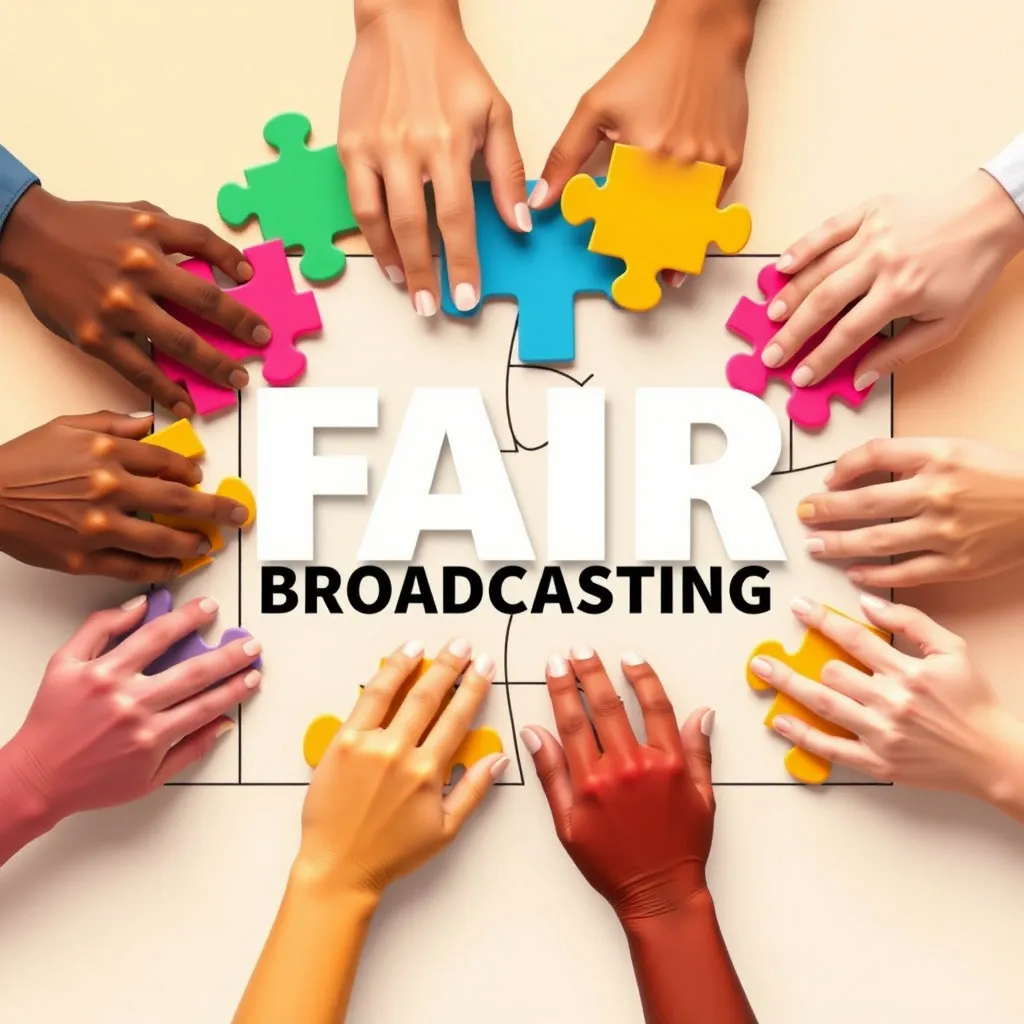 서로 다른 배경을 가진 여러 사람의 손이 퍼즐 조각을 맞춰가는 모습입니다. 완성되어 가는 퍼즐은 '공정방송'이라는 큰 그림을 형성하고 있습니다. 밝고 긍정적인 색감으로 조화로움을 표현