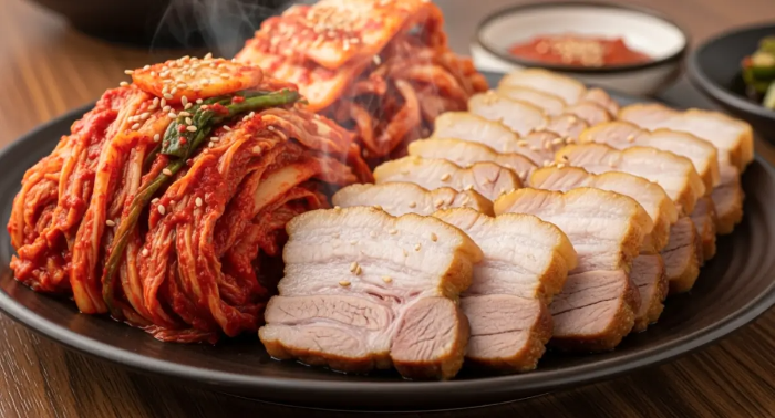 식탁위 돼지고기 수육과 김치