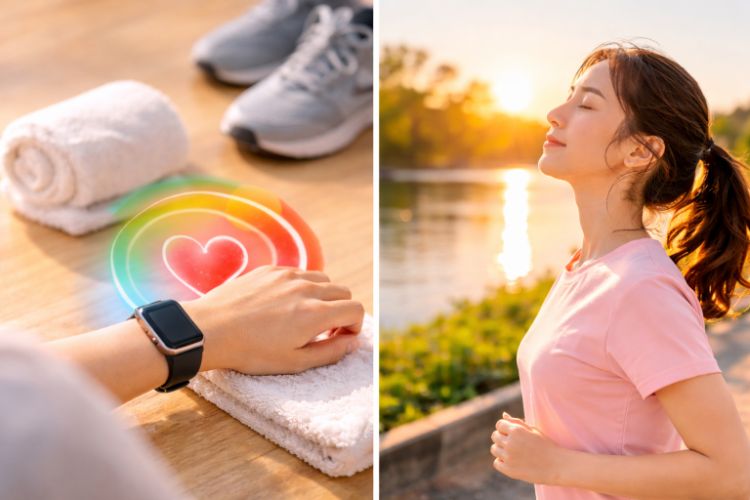 스마트워치로 심박수를 확인하고 야외에서 호흡을 안정시키는 슬로우 조깅 운동 장면