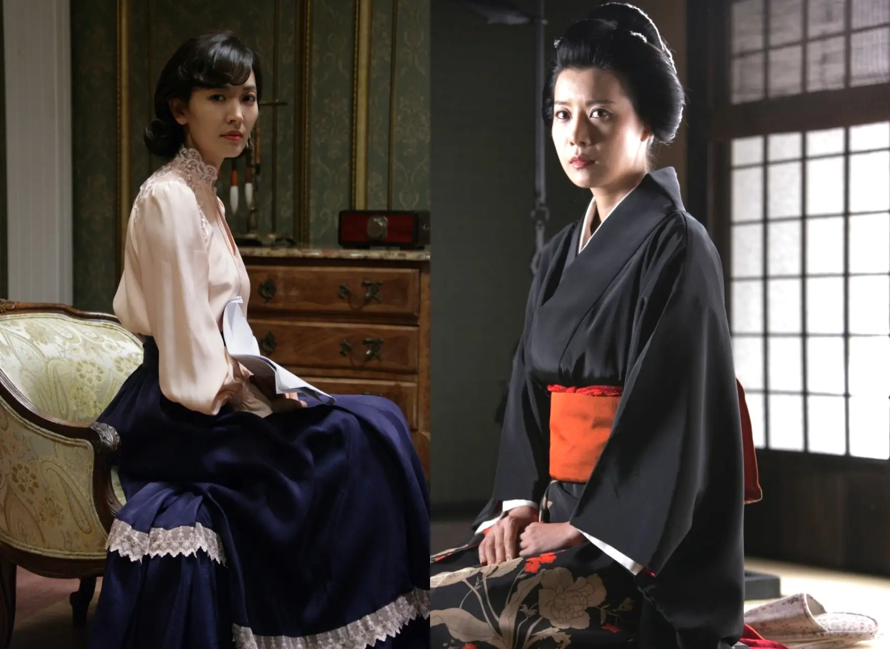 영화 가비 속 기모노를 입은 친일파 사다코(유선)와 서양식 복식의 따냐(김소연) 계급 분석