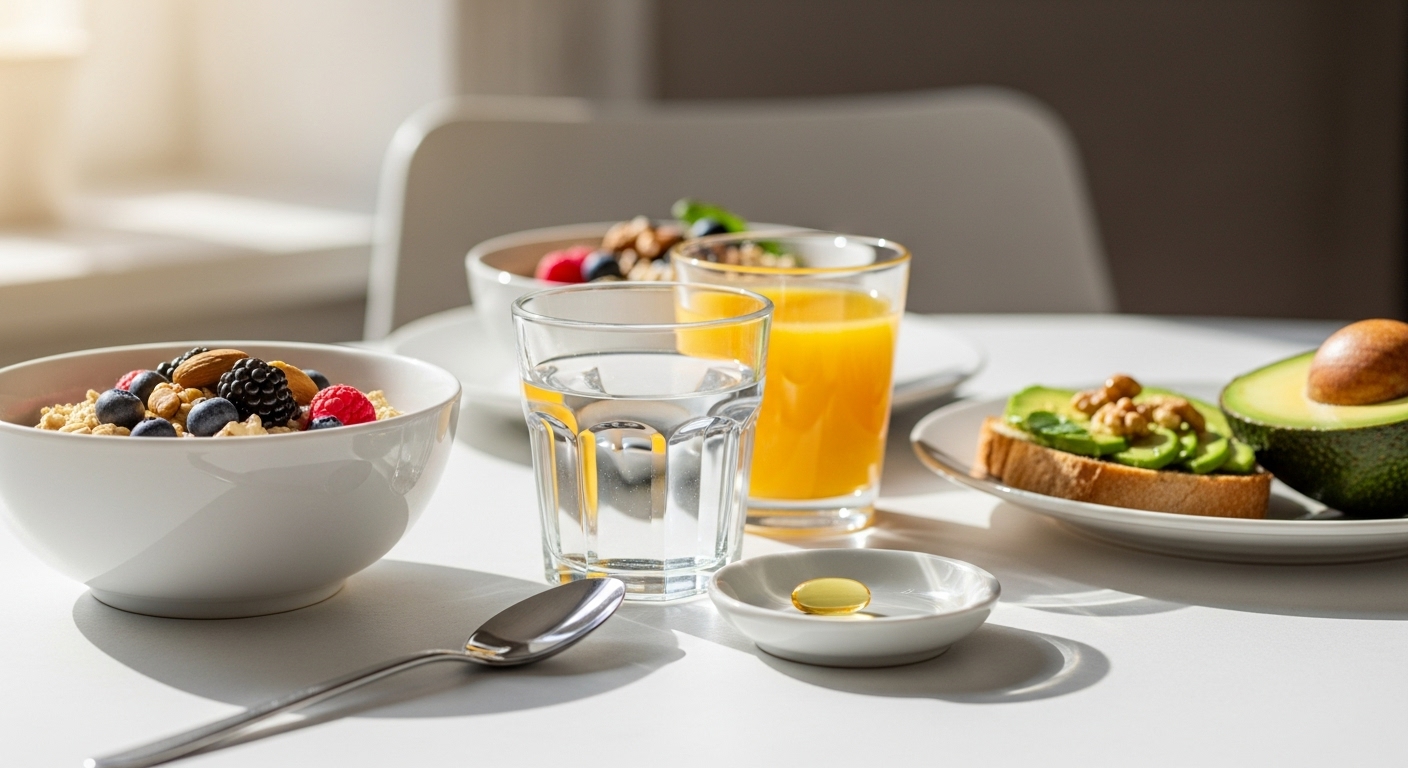 건강한-음식,-물-한-잔,-그리고-지방이-함유된-식사로-아침을-먹으라는-메시지를-담아-깔끔하게-배치된-일반-보충제-캡슐이-놓인-아침-식사-장면입니다.