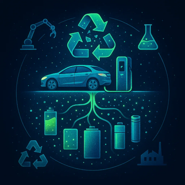전기차 배터리와 재활용 생태계를 시각적으로 표현한 네온 인포그래픽 이미지, 2025년 2차전지 투자 테마 설명용