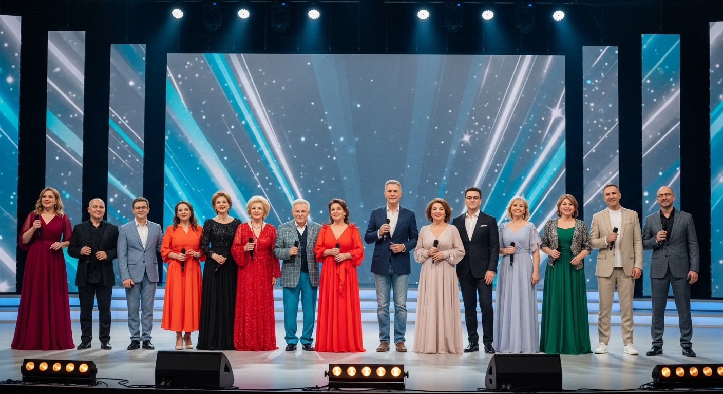 미스트롯4의 다채로운 참가자들이 무대에서 활짝 웃으며 마이크를 들고 있는 모습, 다양한 연령대와 개성을 가진 가수들의 열정을 상징.