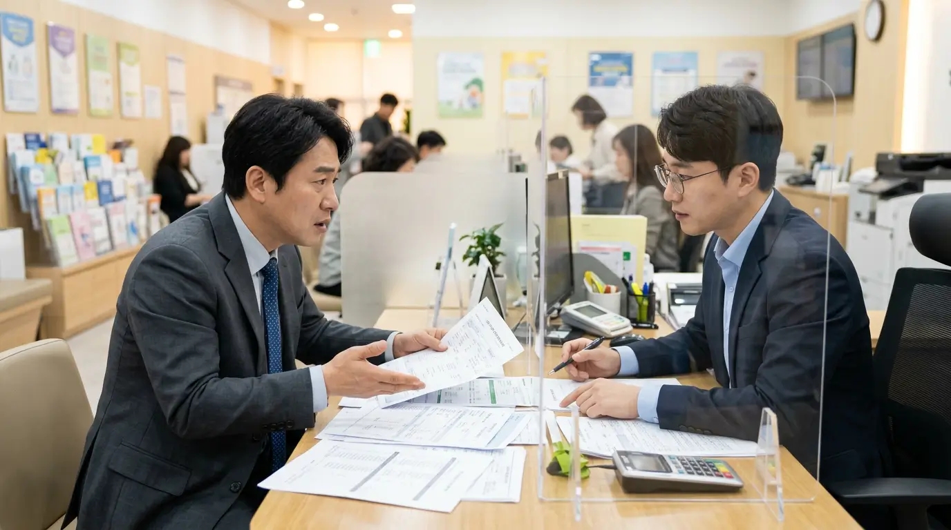 한국의 서민금융통합지원센터 창구에서 40대 남성 직장인이 수많은 대출 명세서를 제출하며 진지하고 간절하게 대환 상담을 받는 모습