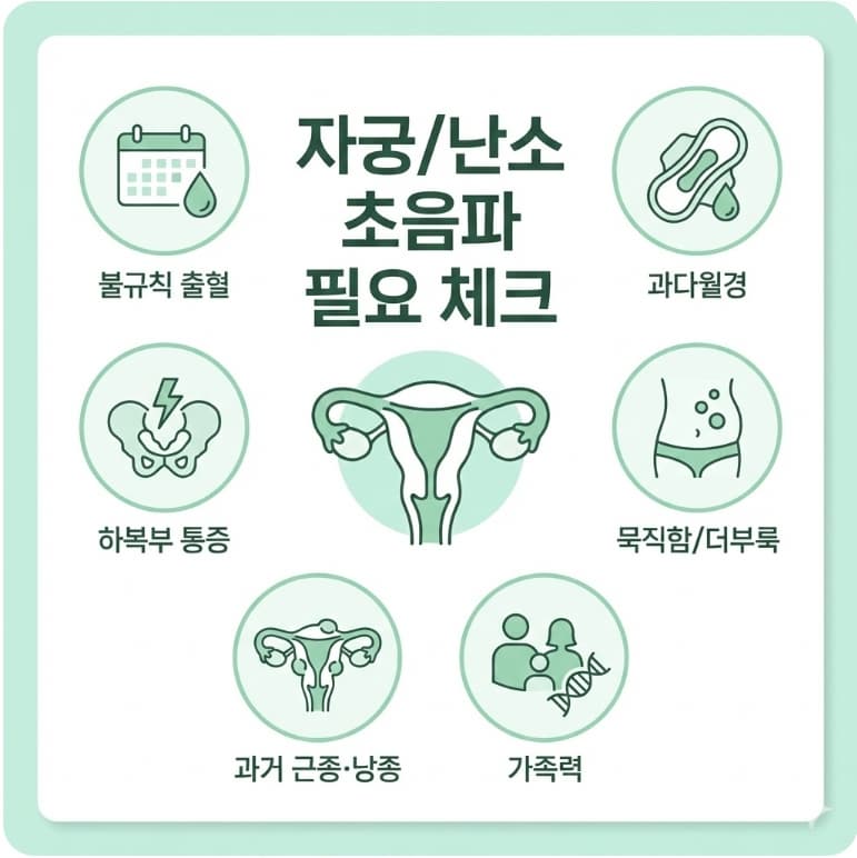 40대 여성에게 자궁&middot;난소 초음파가 필요한 경우를 체크리스트로 정리한 인포그래픽