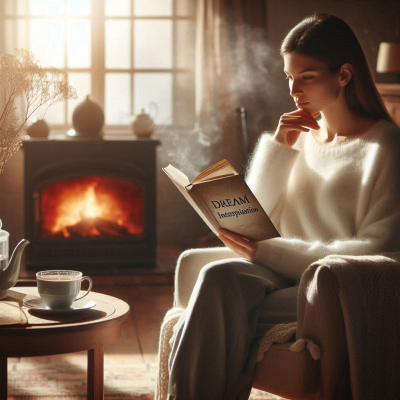 꿈에 관한 책을 읽고 있는 여성이 집중하는 모습입니다. 따뜻한 분위기 속에서 독서하는 장면입니다.