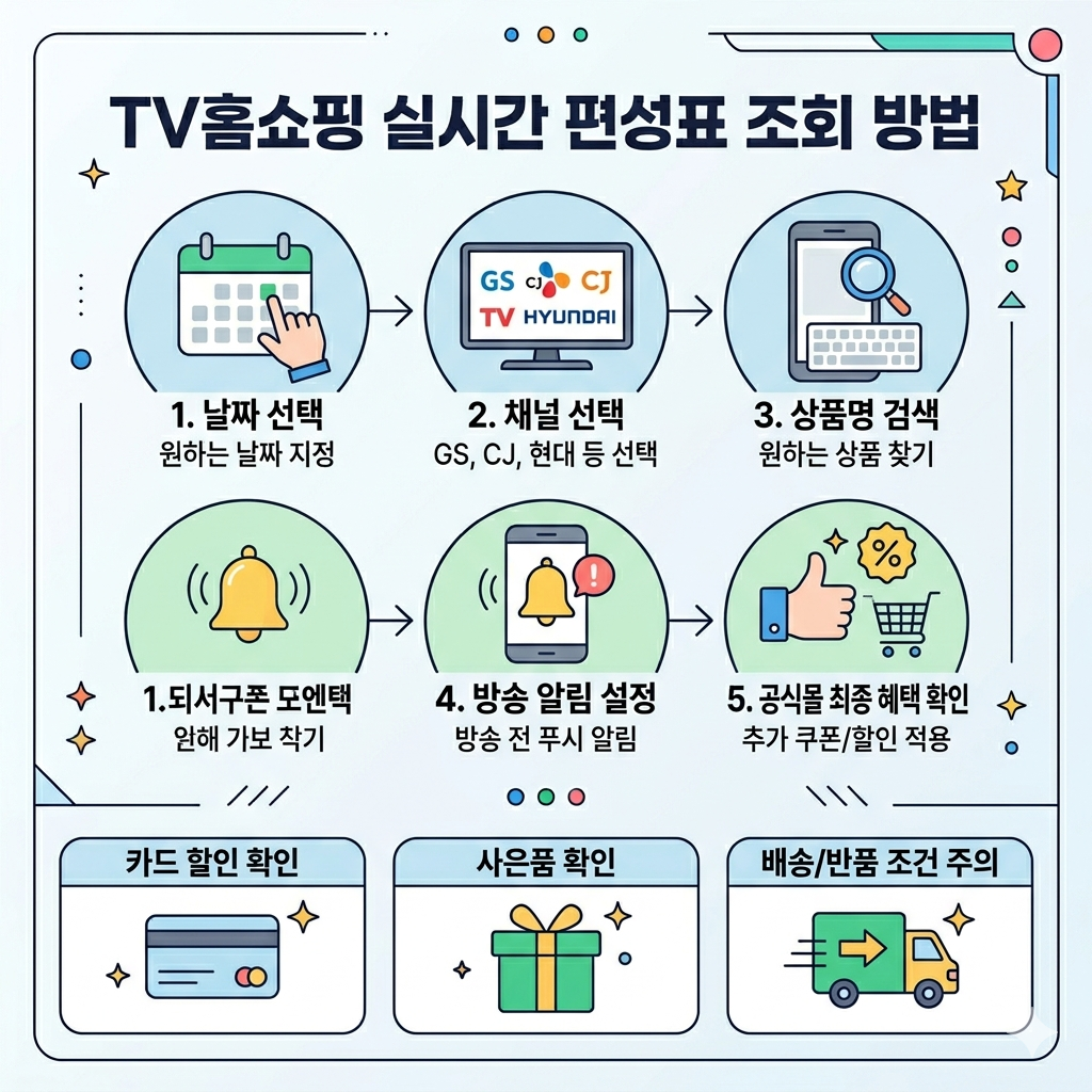 홈쇼핑 편성표 실시간 확인 방법｜TV홈쇼핑 방송시간&middot;채널별 조회 바로가기 인포그래픽