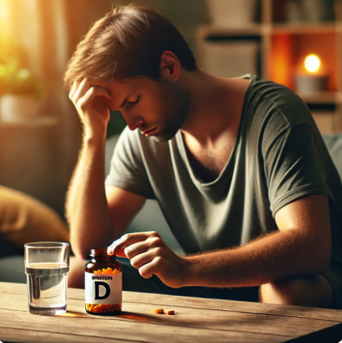 우울해 보이는 한 남성이 비타민 D 보충제를 섭취하려고 집어드는 모습