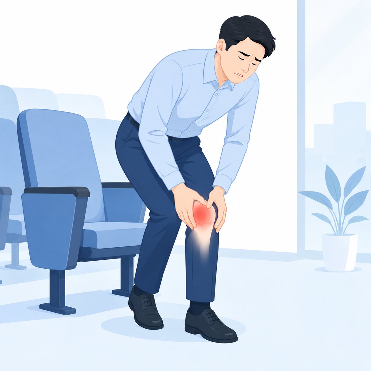 극장 좌석에서 일어서며 양손으로 무릎을 감싸 쥔 남성, 연골연화증 극장 증후군