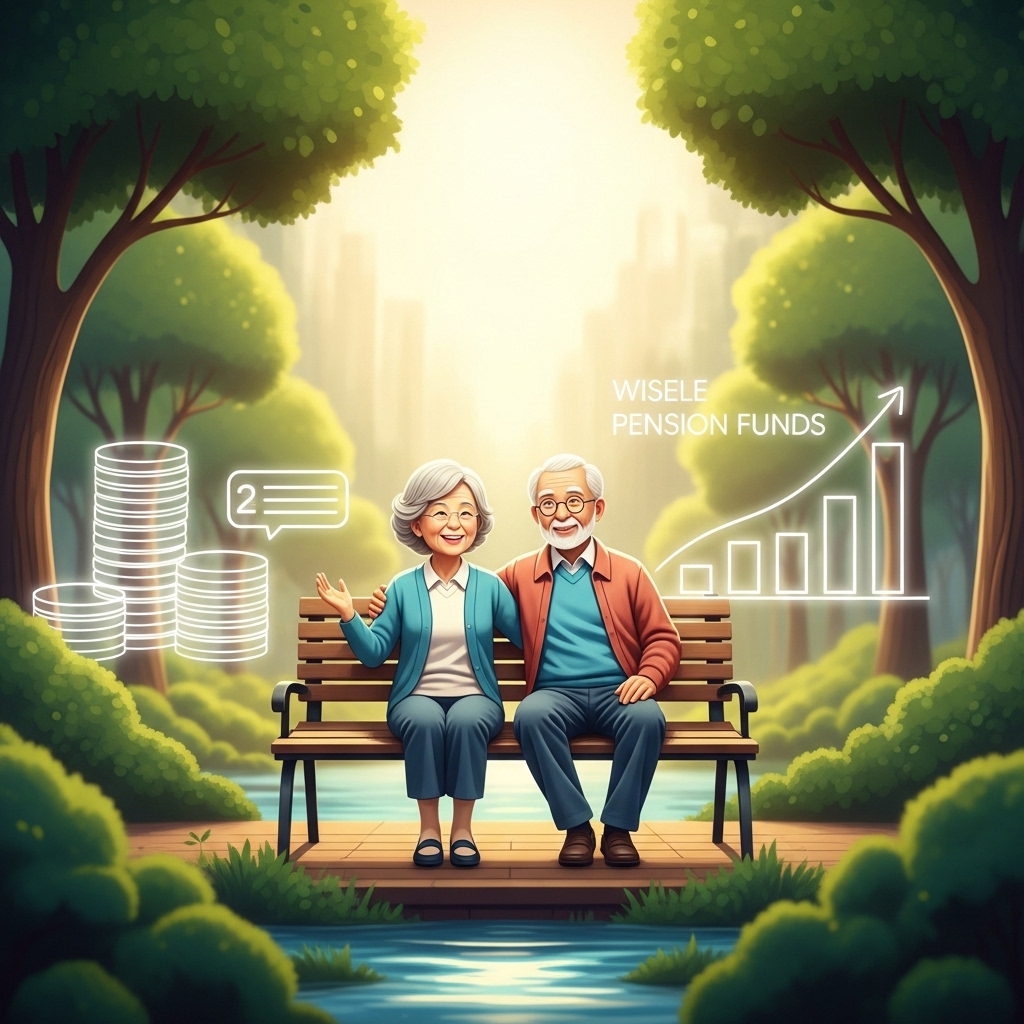 평화로운 공원에서 미소 짓는 노부부가 재정적으로 안정된 노후를 보내는 모습, 배경에는 연금 자산이 성장하는 모습이 흐릿하게 보인다.