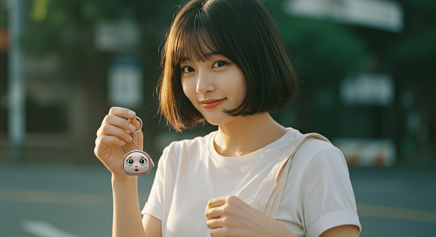 여성이 가방에 크라이베이비 키링을 달고 감성적으로 바라보는 장면 1