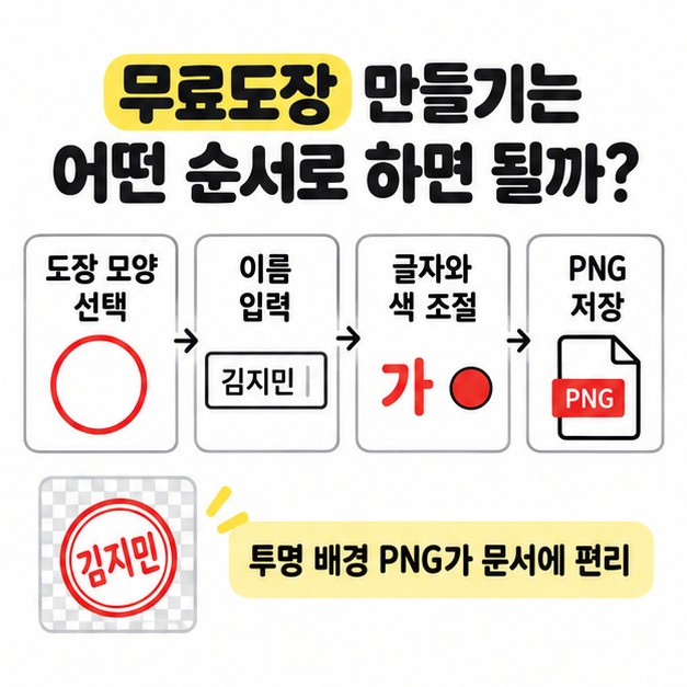 도장 모양 선택부터 이름 입력과 PNG 저장까지 순서를 보여주는 그림