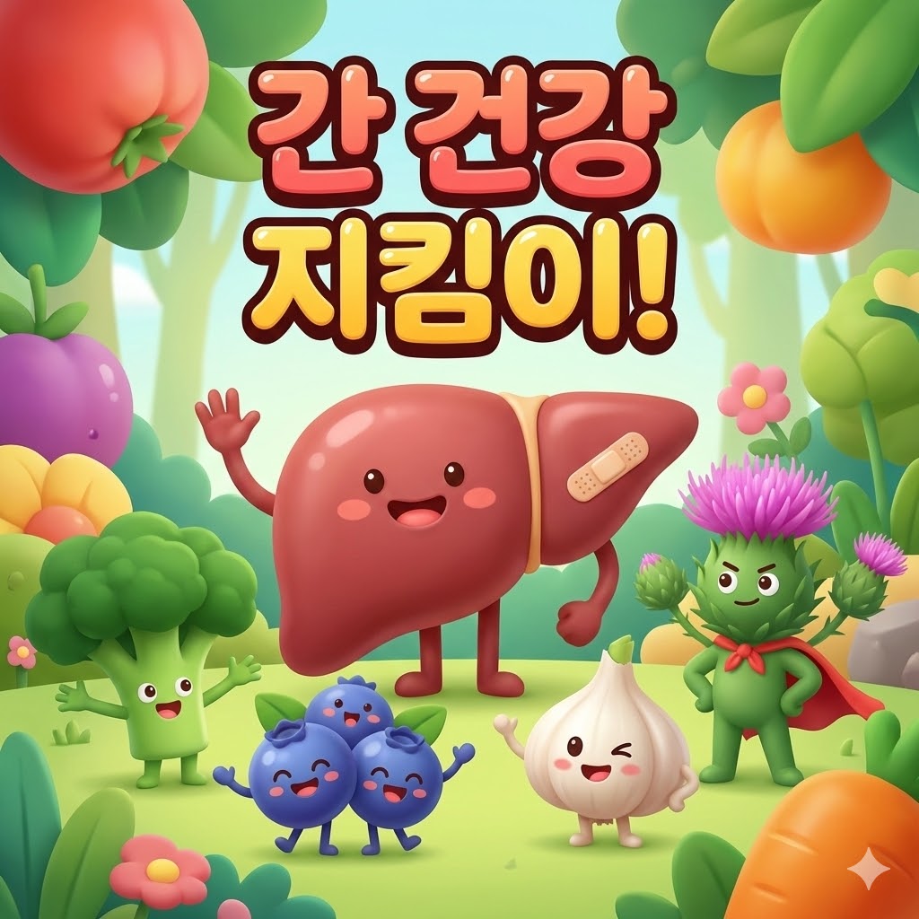 반창고를 붙인 귀여운 간 캐릭터가 브로콜리, 블루베리, 마늘, 엉겅퀴 등 간에 좋은 음식들에 둘러싸여 환하게 웃고 있는 3D 카툰 일러스트. '간 건강 지킴이!' 문구가 새겨져 있습니다.