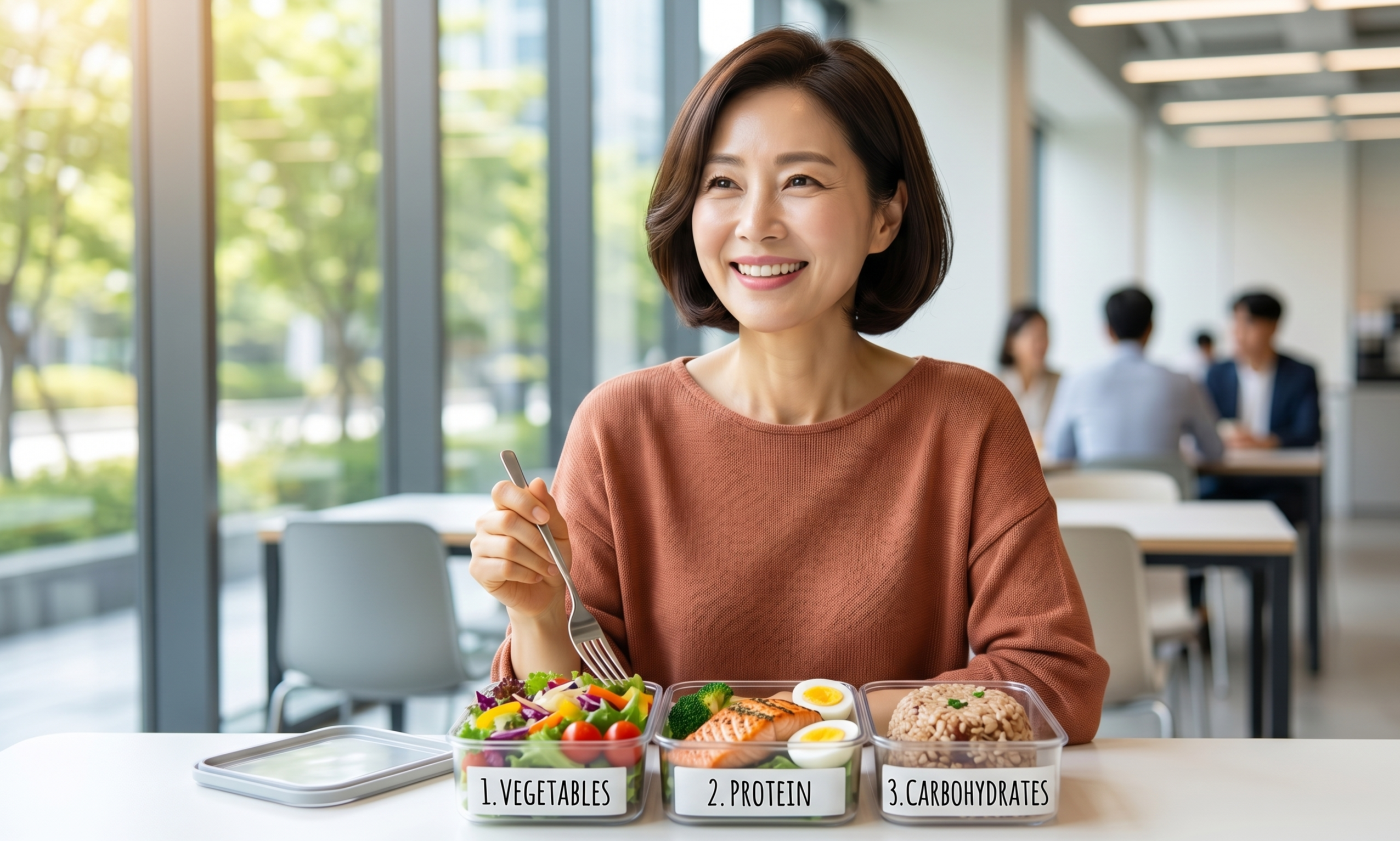 세련된 단발머리의 중년 여성이 밝게 웃으며 채소, 단백질, 탄수화물이 순서대로 담긴 도시락을 앞에 두고 식사하는 모습. 인슐린 저항성 개선과 혈당 조절을 위한 거꾸로 식사법을 상징하는 밝고 활기찬 실사 이미지.