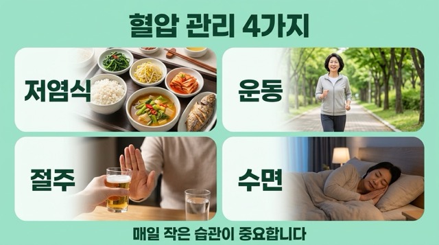 혈압 정상수치 유지 저염식 운동 절주 수면 관리