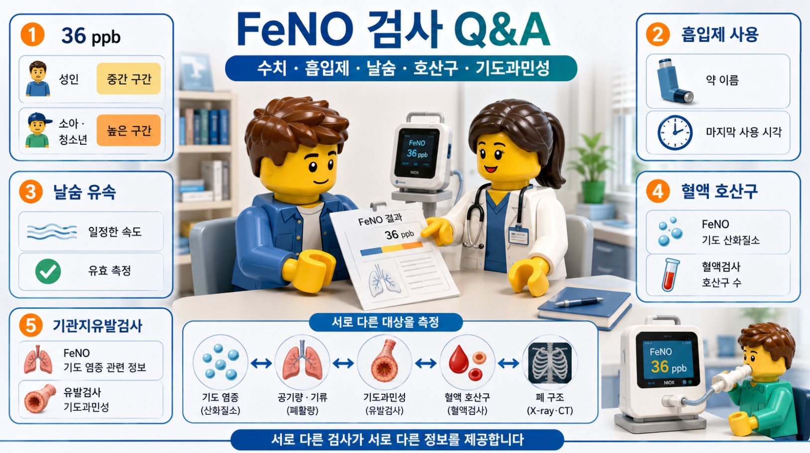 FeNO 검사에서 자주 묻는 질문과 결과 해석을 정리한 의료 상담 Q&A 인포그래픽