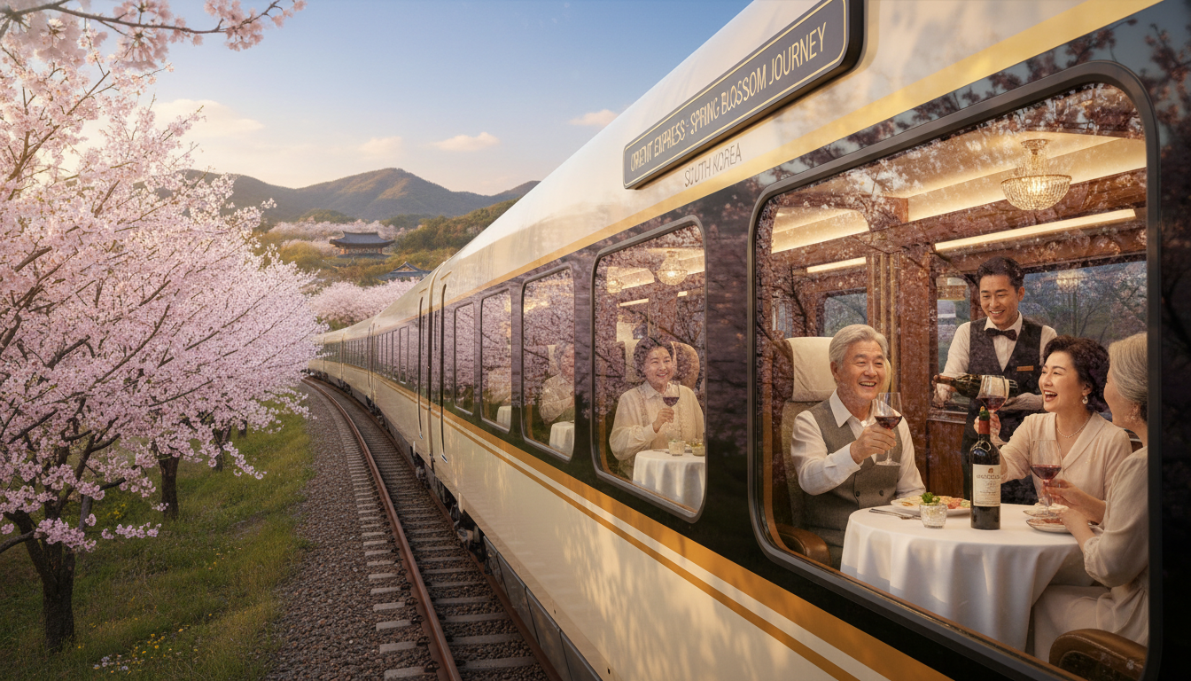 벚꽃이 핀 한국의 아름다운 풍경을 달리는 프리미엄 해랑열차와 행복하게 와인을 즐기는 노부부