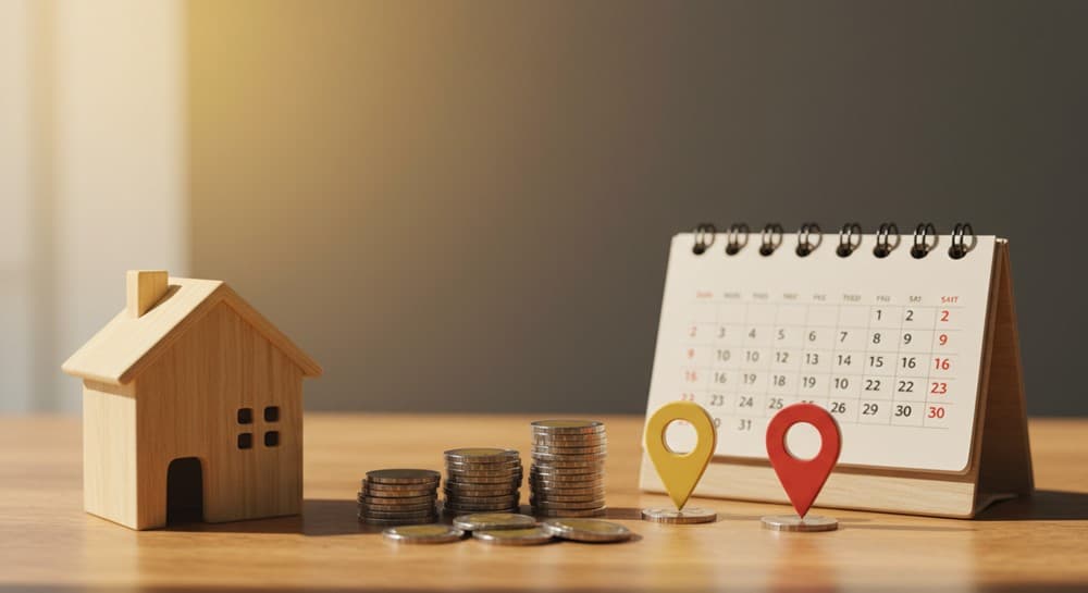 목재 미니어처 하우스와 작은 코인 더미, 지도 핀 오브젝트, 두 개의 미니 캘린더 조형물(연도를 상징)로 구성된 데스크톱 스타일