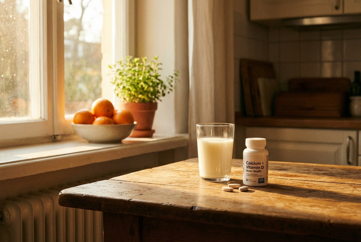 햇살이 비치는 창가에서 우유 한 잔과 칼슘&middot;비타민D 영양제가 함께 놓여 있어, 햇빛과 함께 뼈 건강을 관리하는 모습을 표현한 사진.