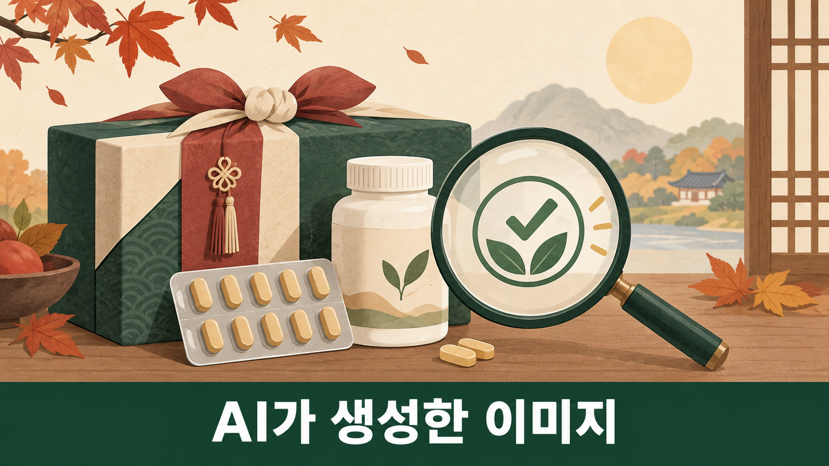 추석 건강기능식품 선물을 구매하기 전에 인증 표시와 제품 정보를 확인하는 모습을 표현한 일러스트