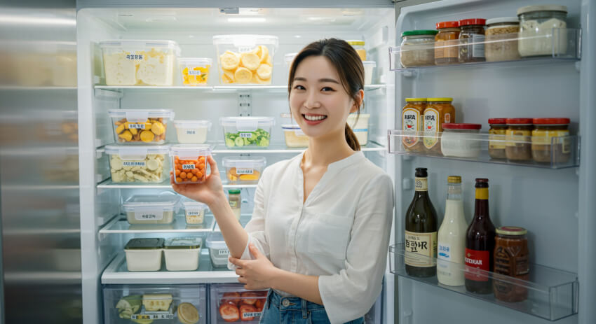 냉장고 정리를 마친 후 노하우를 설명하고 있는 여성