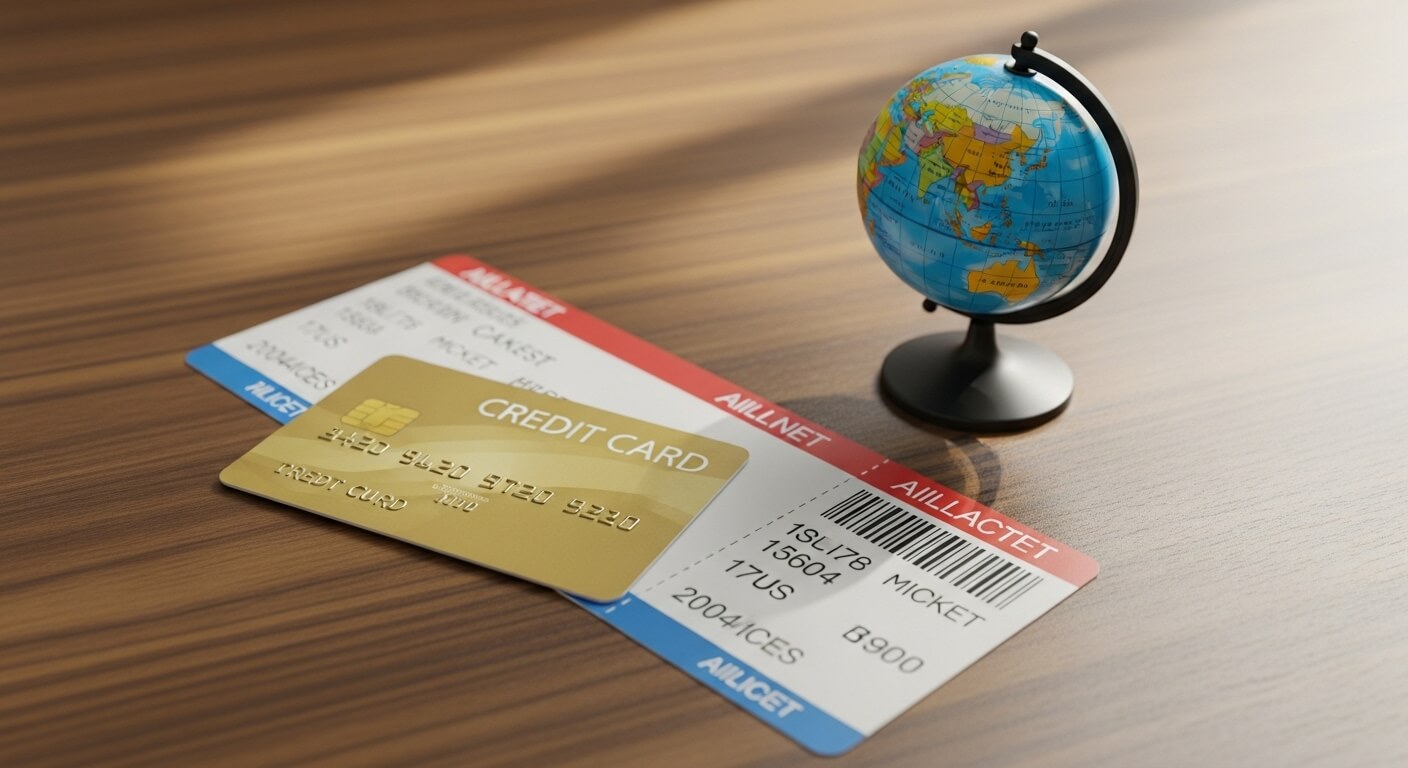작은 지구본 옆에 신용카드와 항공권이 놓인 나무 책상 위 풍경
