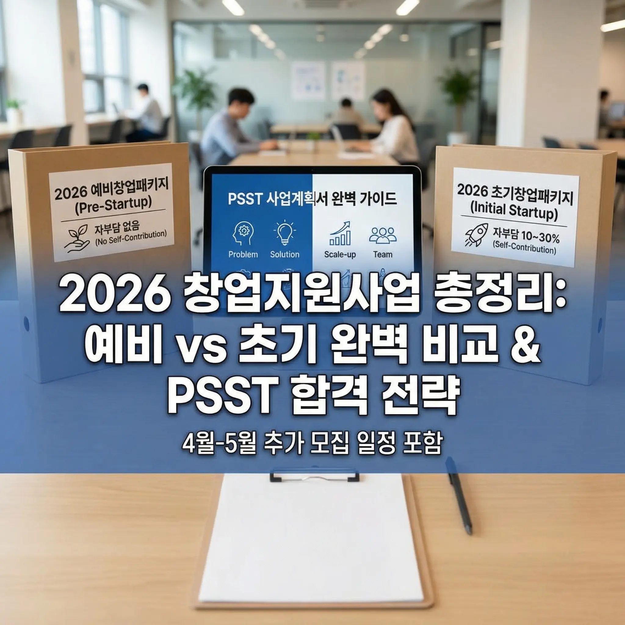 2026년 창업지원사업 총정리 썸네일 이미지. 사무실 배경의 책상 위에 두 개의 서류철과 태블릿 PC가 놓여 있음. 왼쪽 서류철에는 '2026 예비창업패키지(Pre-Startup), 자부담 없음', 오른쪽 서류철에는 '2026 초기창업패키지(Initial Startup), 자부담 10~30%'라고 명시되어 두 사업의 차이를 보여줌. 중앙 태블릿 화면에는 'PSST 사업계획서 완벽 가이드'라는 제목과 함께 Problem, Solution, Scale-up, Team 아이콘이 그려져 있음. 이미지 중앙 하단에는 '2026 창업지원사업 총정리: 예비 vs 초기 완벽 비교 & PSST 합격 전략 (4월-5월 추가 모집 일정 포함)'이라는 문구가 굵은 흰색 글씨로 강조되어 있음.