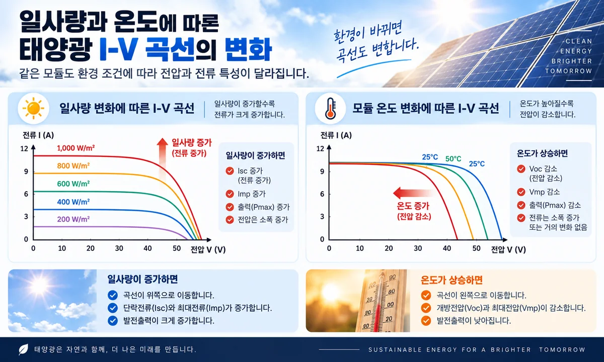 일사량과 모듈 온도 변화에 따른 태양광 I-V 곡선 변화를 비교한 인포그래픽