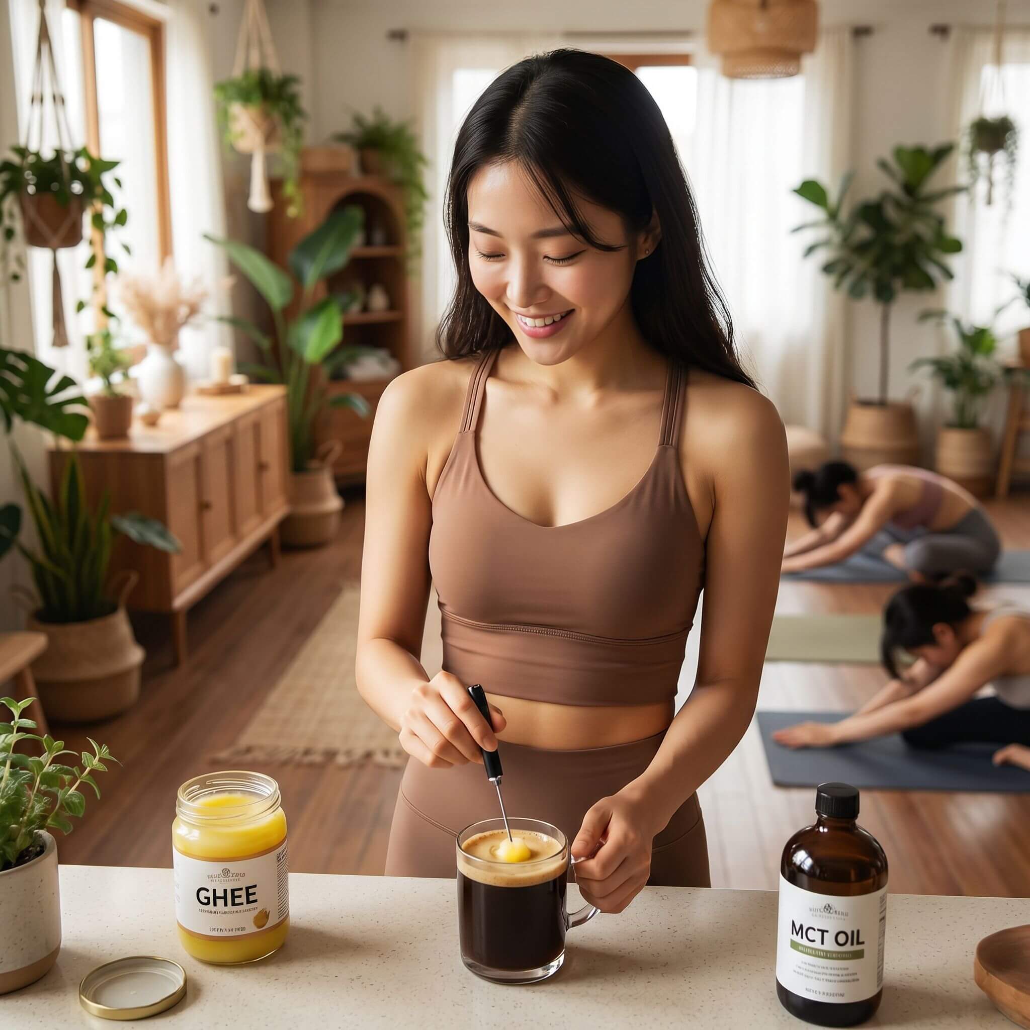 커피에 버터를 넣고있는 여자