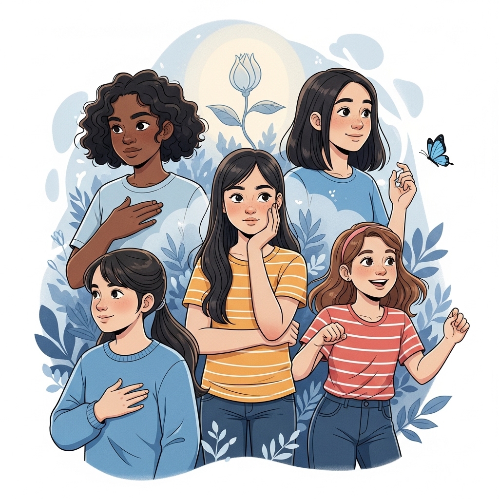 다양한 배경의 소녀들이 초경 전 변화를 겪는 모습을 따뜻하게 그린 일러스트.