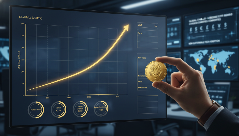 2026년 금 시세의 가파른 상승 곡선과 투자 분석을 시각화한 대시보드.