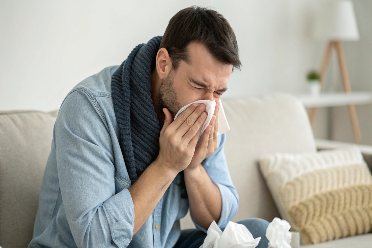 재채기 하는 성인 남성