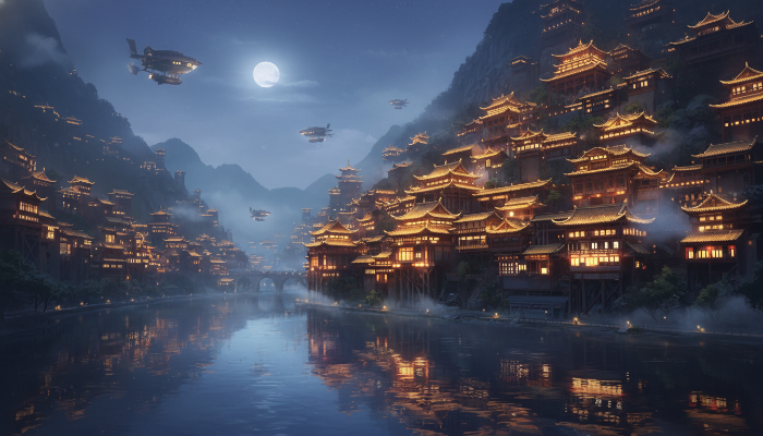 금빛 조명으로 화려하게 빛나는 충칭 홍야동의 웅장한 야경