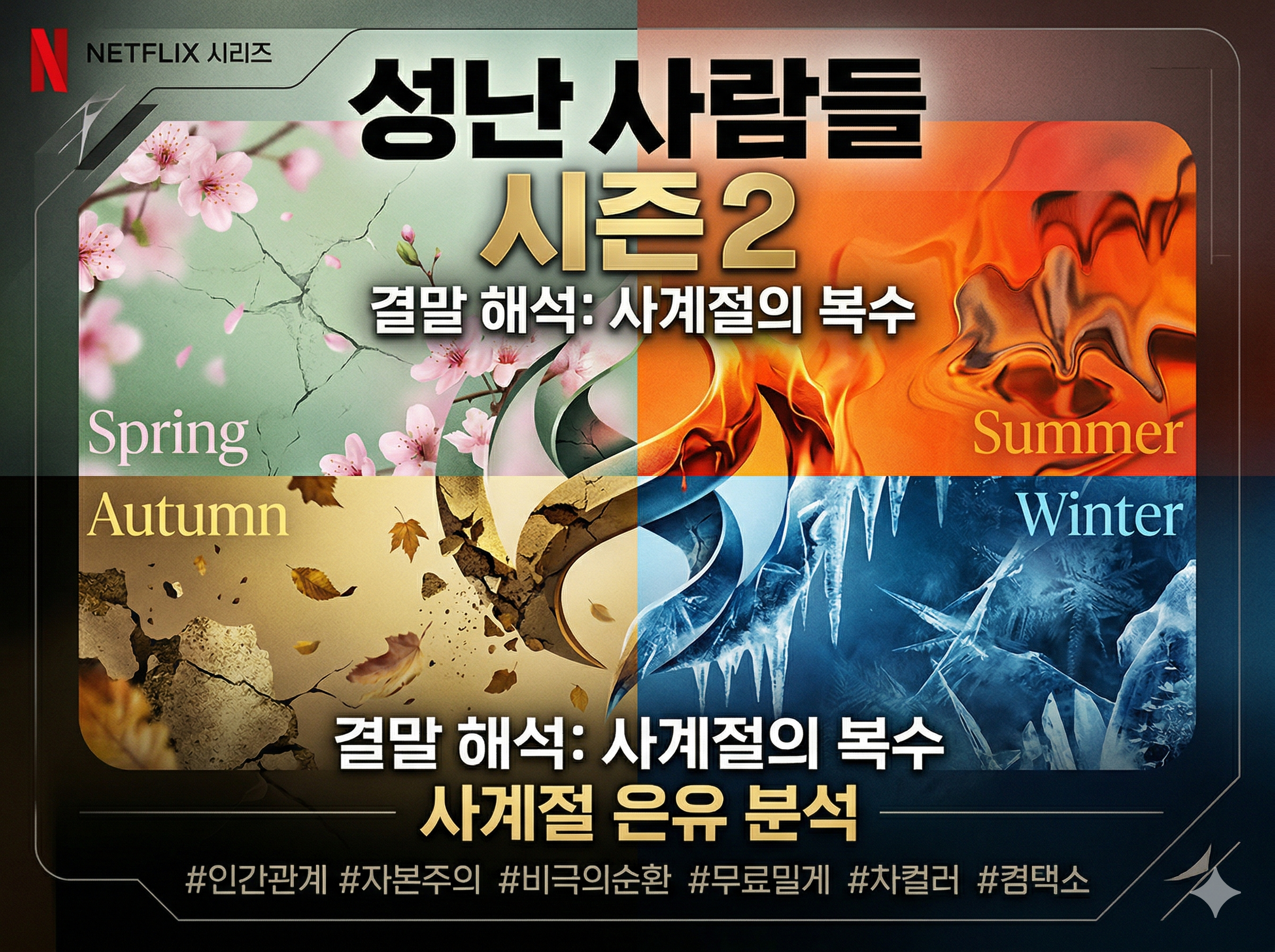 사계절을 상징하는 색상과 질감이 4분할로 구성되어 있으며, 각 분할에 봄(꽃), 여름(열기), 가을(낙엽), 겨울(얼음)의 요소를 적용했습니다. 넷플릭스 스타일의 어두운 배경과 강렬한 타이포그래피를 통해 제목과 핵심 주제를 시각적으로 강조했습니다.