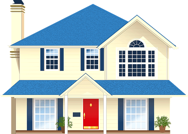 지붕이 파란색인 2층 주택으로 1층 현관문은 빨간색이고, 건물 벽은 베이지색이다.