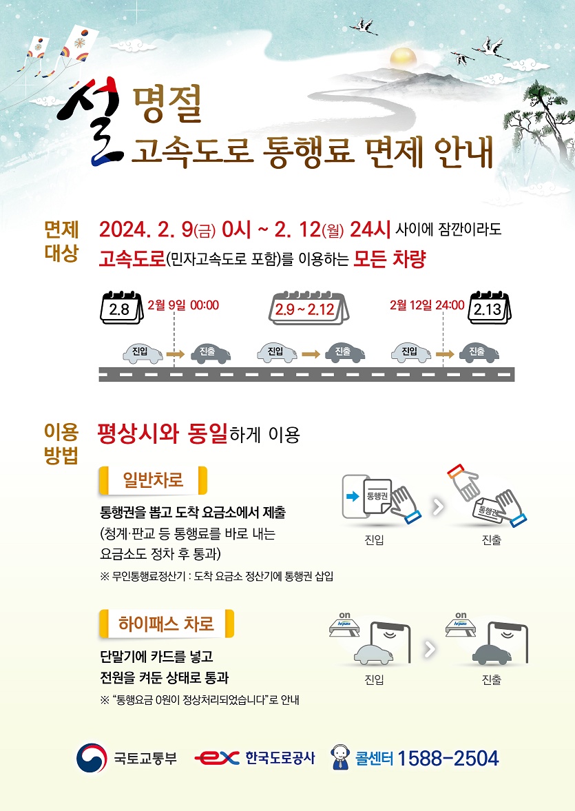 설명절연휴 고속도로 통행료면제대상.교통상황