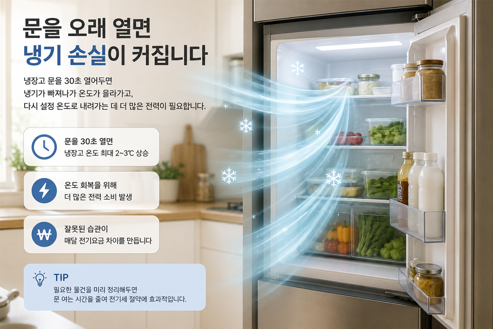 냉장고 문을 오래 열면 냉기가 빠져나가 전기 사용량이 증가하는 모습을 보여주는 이미지. 냉기 손실과 냉장고 전기세 증가 원리, 적정 온도 유지와 문 여는 시간을 줄이는 전기세 절약 방법을 설명하는 인포그래픽.