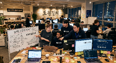 실패의 고통을 딛고 치열하게 제품을 실험하며 스케일업을 이루어내는 현대 스타트업의 역동적인 사무실 전경 이미지