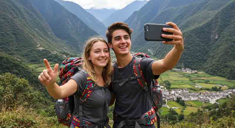 윈난성에서 젊은 남여가 셀카를 촬영하고 있다