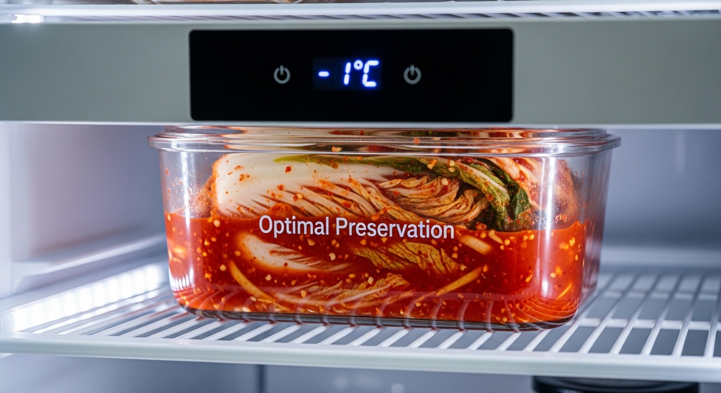 가장 이상적인 온도로 설정되어 있는 김치냉장고 안에 김치가 김치통에 보관되어 있는 모습