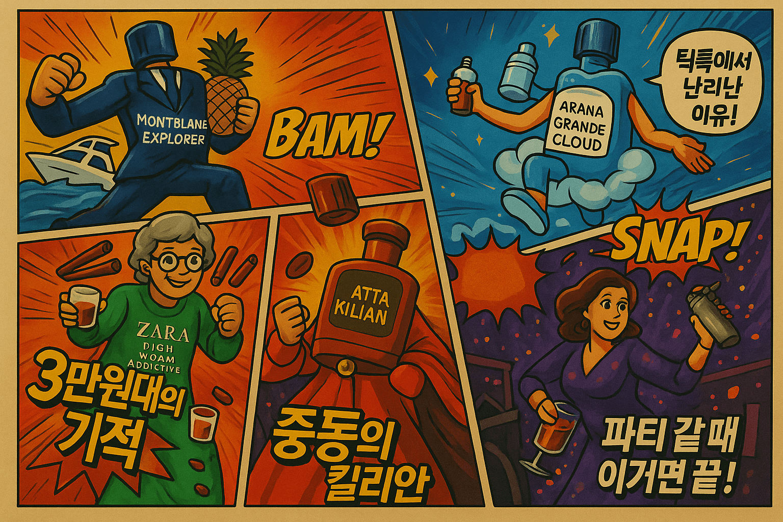 만화책 표지처럼 그려진 일러스트. 왼쪽 위에는 파인애플을 든 남성 정장 차림의 &lsquo;몽블랑 익스플로러&rsquo; 병이 요트 앞에서 주먹을 들어 올리며 &ldquo;BAM!&rdquo; 효과음이 터진다. 오른쪽 위에는 구름 위를 나는 하늘색 &lsquo;아리아나 그란데 클라우드&rsquo; 병이 코코넛 라떼를 들고 말풍선에 &ldquo;틱톡에서 난리난 이유!&rdquo;가 적혀 있다. 왼쪽 가운데에는 녹색 스웨터 차림의 할머니 모습 &lsquo;자라 리치 웜 어딕티브&rsquo; 병이 계피 막대와 럼 잔을 들며 &ldquo;3만 원대의 기적&rdquo; 텍스트 옆에서 활짝 웃는다. 가운데 패널은 붉은 로브를 입은 &lsquo;라따파 카흐마라&rsquo; 병이 주먹을 내지르며 빨간 별 안에 &ldquo;중동의 킬리안&rdquo;이 쓰여 있다. 오른쪽 아래에는 보라색 드레스를 입은 &lsquo;인투 더 나이트&rsquo; 병이 칵테일 셰이커와 잔을 들고 &ldquo;파티 갈 때 이거면 끝!&rdquo; 문구 옆에서 춤추고 있다. 배경은 노랑&middot;파랑&middot;보라색 액션 라인과 별 모양 효과음(&ldquo;BAM!&rdquo;, &ldquo;SNAP!&rdquo;)으로 가득해 역동적인 슈퍼히어로 팀업 분위기를 만든다