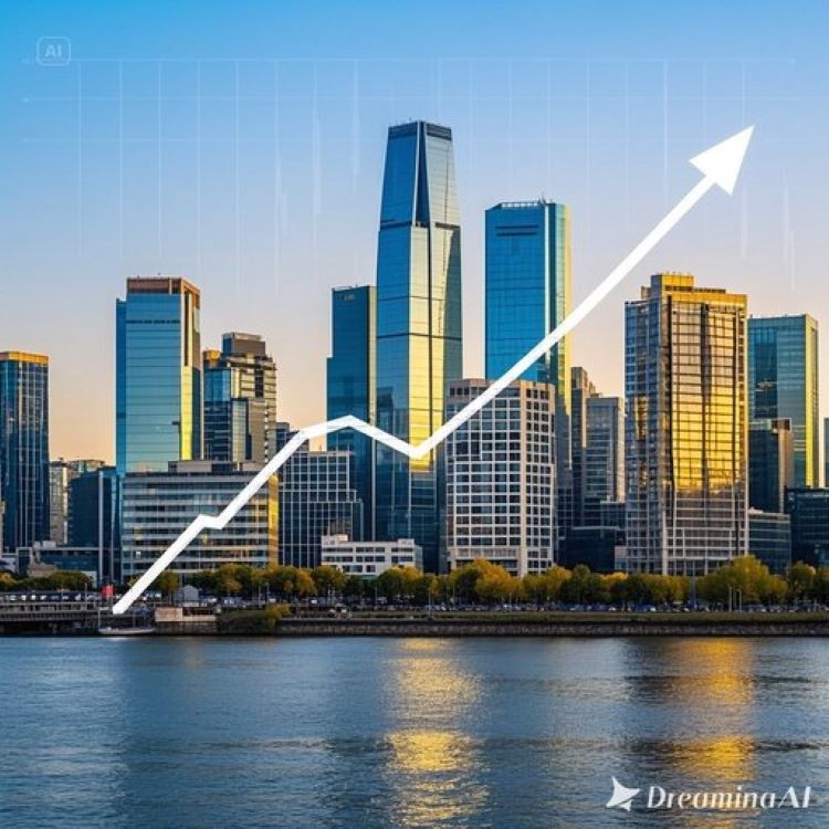 서울 강남의 고층 아파트와 한강 전경, 배경에 상승 그래프. 파란색과 금색 톤으로 안정감과 성장 강조.