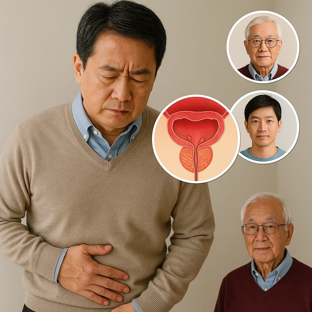 전립선 통증을 느끼는 중년 한국 남성이 복부를 감싸고 있으며, 가족력의 영향을 시사하는 노년 남성과 젊은 남성의 초상과 전립선 해부 그림이 함께 배치된 이미지